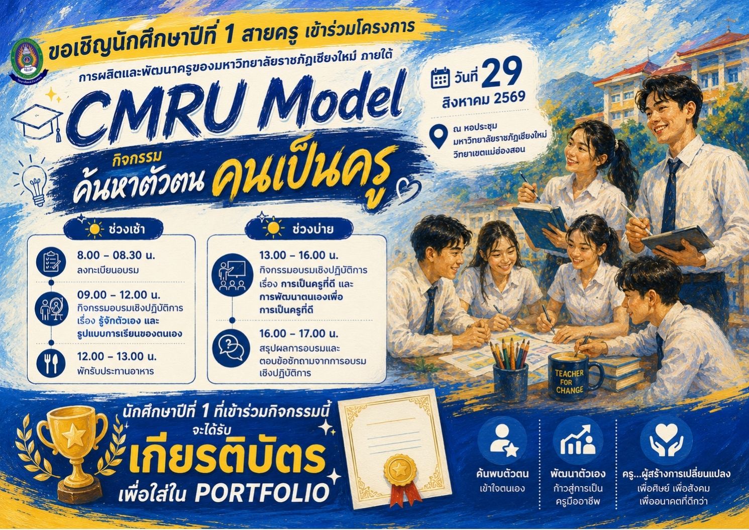 โครงการรูปแบบการผลิตและพัฒนาครูของมหาวิทยาลัยราชภัฏเชียงใหม่ วิทยาเขตแม่ฮ่องสอน ภายใต้ CMRU Model กิจกรรมที่ 1 ค้นหาตัวตน คนเป็นครู